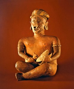 Figura sentada con tambor de caparazón de tortuga, Cultura Ixtlán Nayarit
